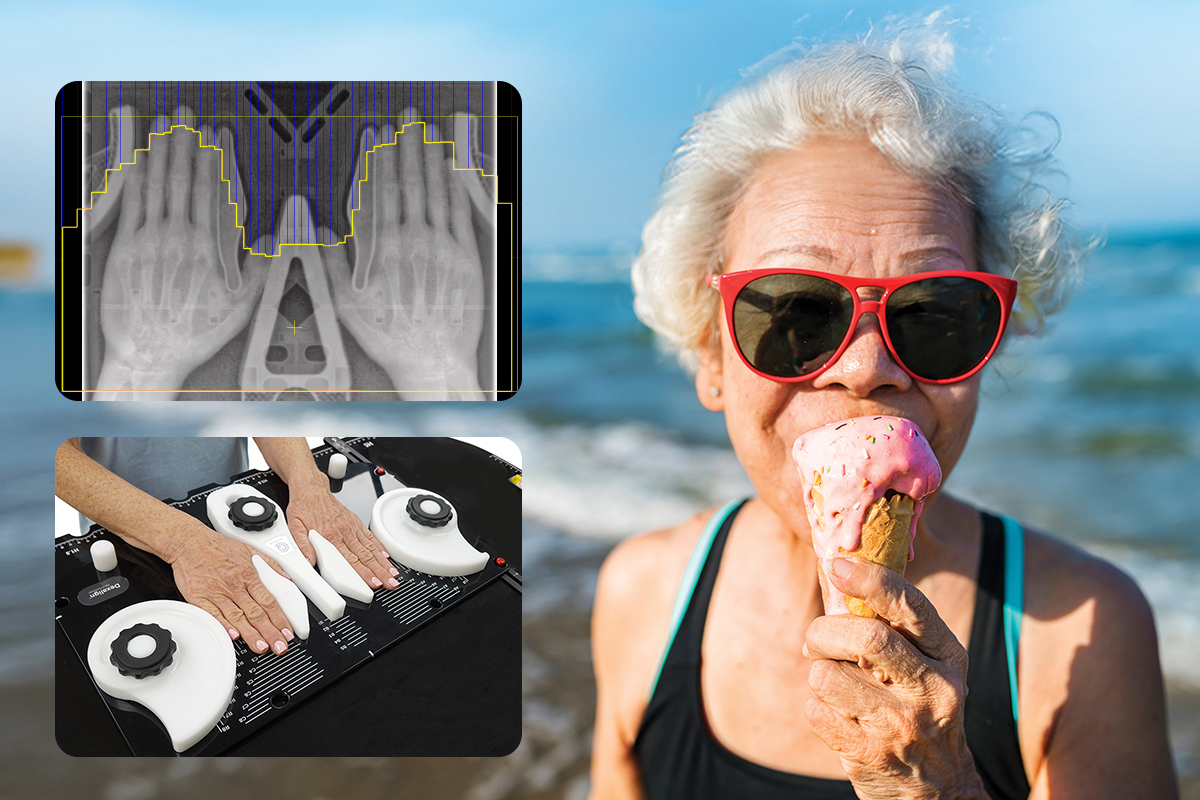 Elderly woman eating ice cream and hand scans for arthritis treatment