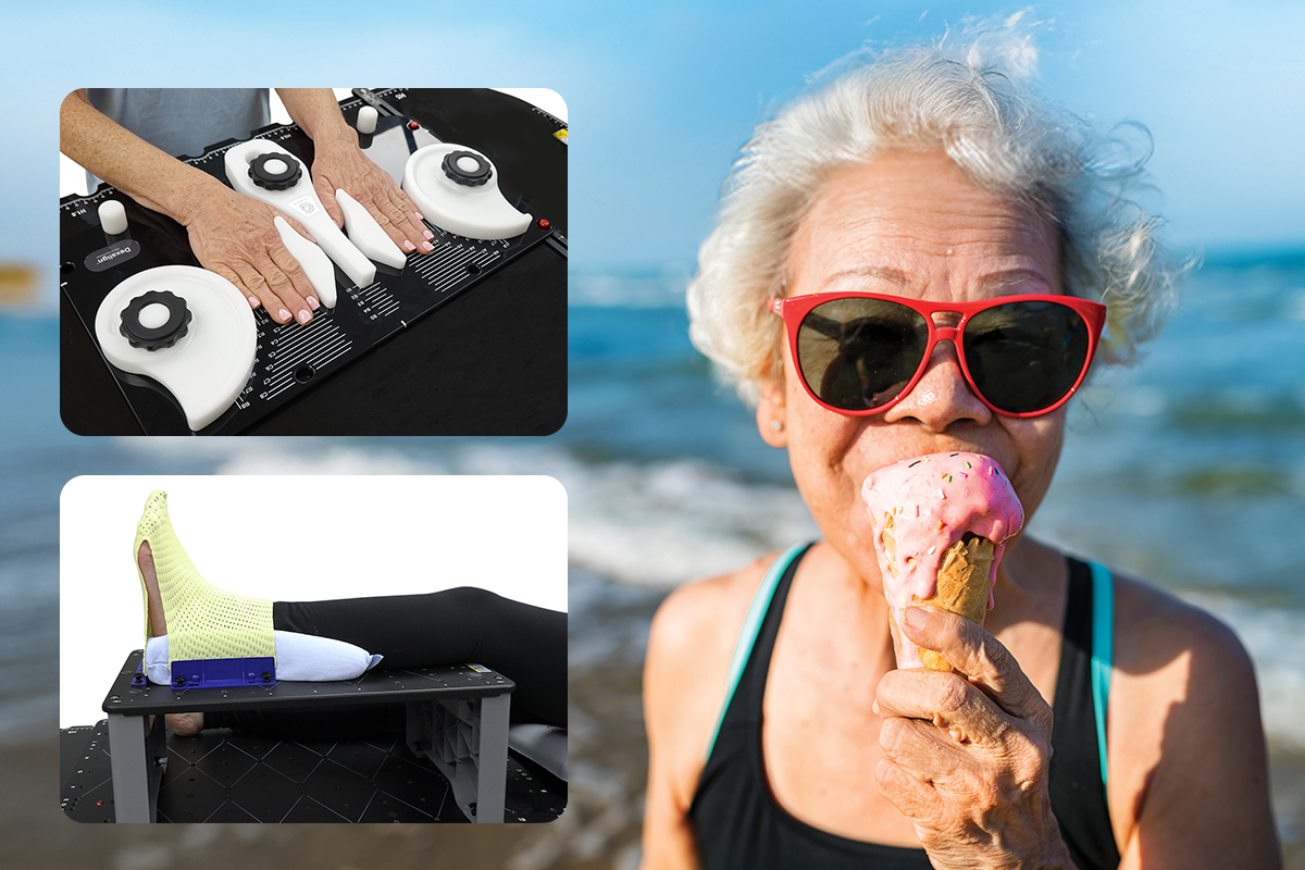 Elderly woman eating ice cream and positioning products for arthritis treatment