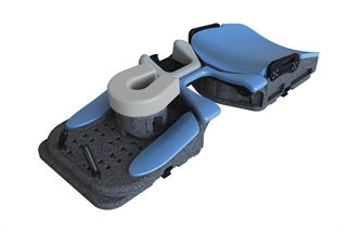 Blue breastboard for positioning patients in the prone position. New Horizon Prone Breastboard